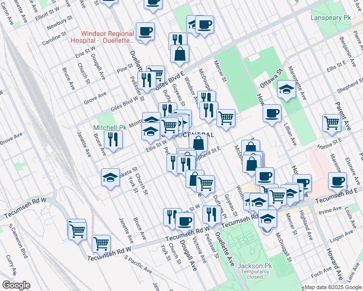 map of restaurants, bars, coffee shops, grocery stores, and more near 1428 Ouellette Avenue in Windsor
