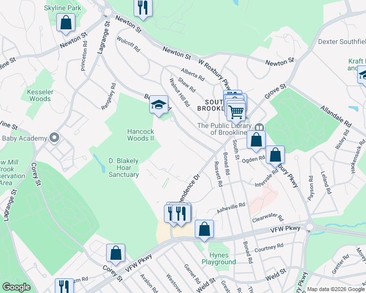 map of restaurants, bars, coffee shops, grocery stores, and more near 149 Gerry Road in Brookline