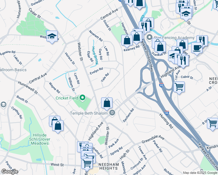 map of restaurants, bars, coffee shops, grocery stores, and more near 49 Evelyn Road in Needham