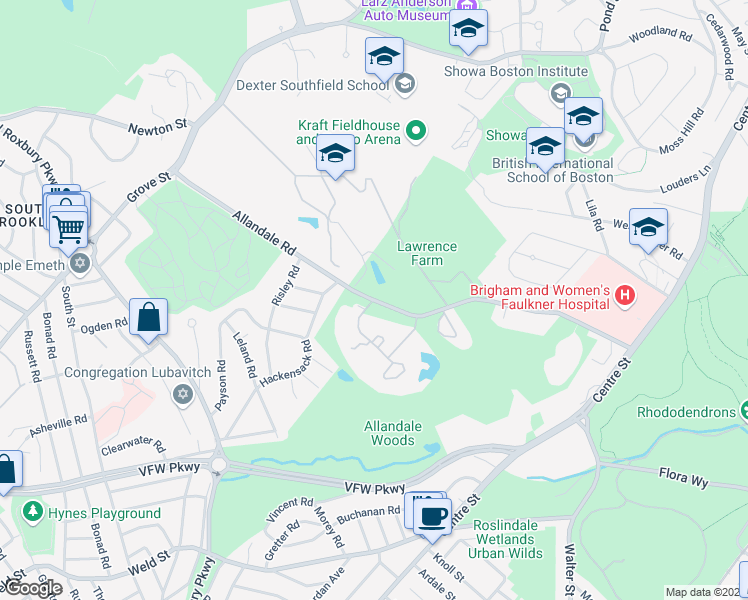 map of restaurants, bars, coffee shops, grocery stores, and more near 220 Allandale Road in Boston