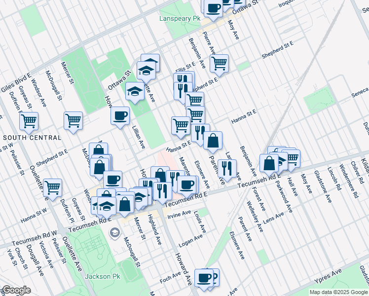 map of restaurants, bars, coffee shops, grocery stores, and more near 825 Hanna Street East in Windsor