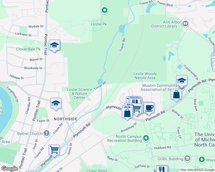 map of restaurants, bars, coffee shops, grocery stores, and more near 1790 Hideaway Lane Drive in Ann Arbor