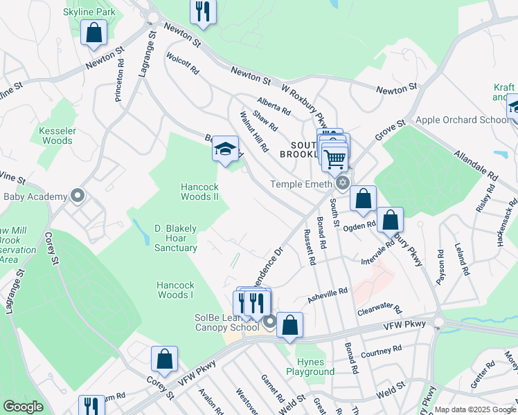 map of restaurants, bars, coffee shops, grocery stores, and more near 149 Gerry Road in Brookline