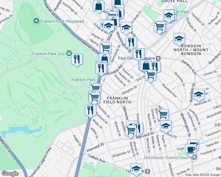 map of restaurants, bars, coffee shops, grocery stores, and more near 35 Ellington Street in Boston