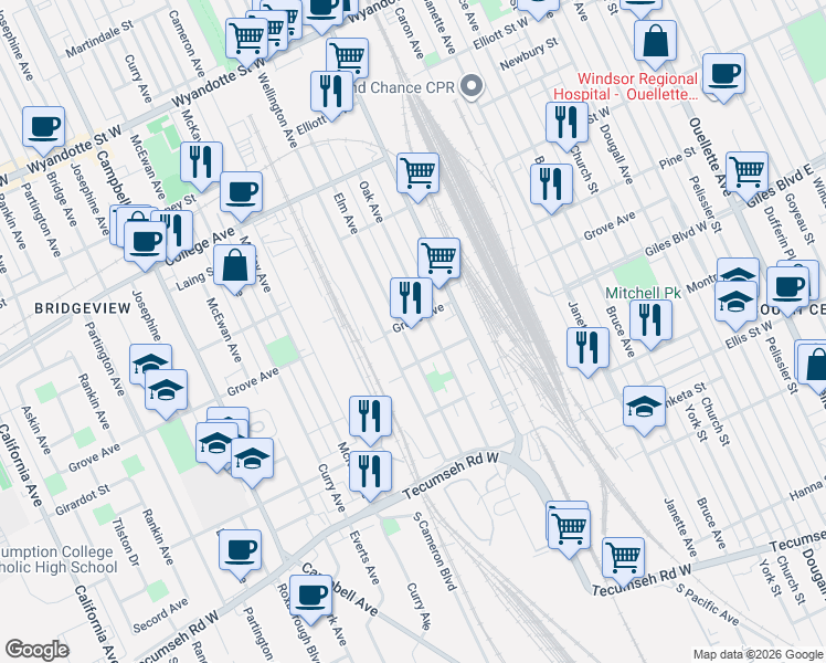 map of restaurants, bars, coffee shops, grocery stores, and more near 1183 Oak Street in Windsor