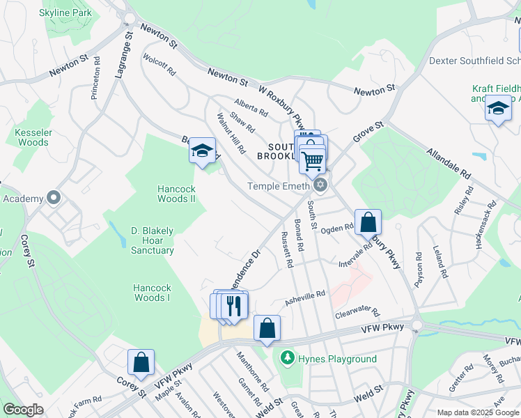 map of restaurants, bars, coffee shops, grocery stores, and more near 271 Beverly Road in Brookline