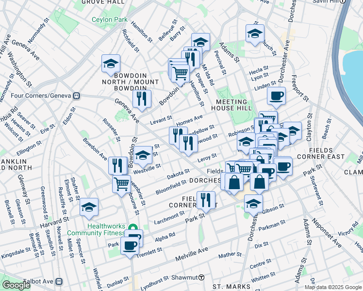 map of restaurants, bars, coffee shops, grocery stores, and more near 90 Topliff Street in Boston