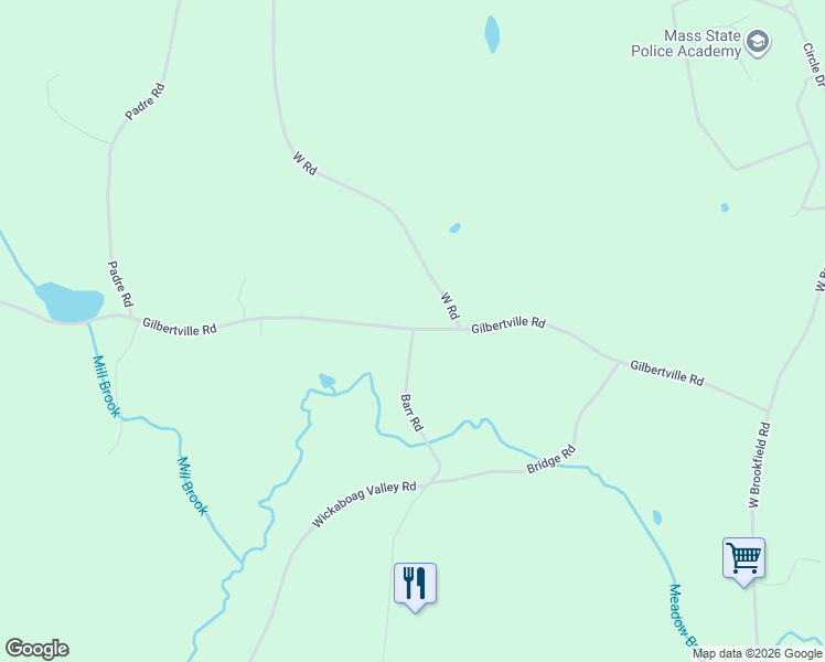 map of restaurants, bars, coffee shops, grocery stores, and more near 398 Gilbertville Road in New Braintree
