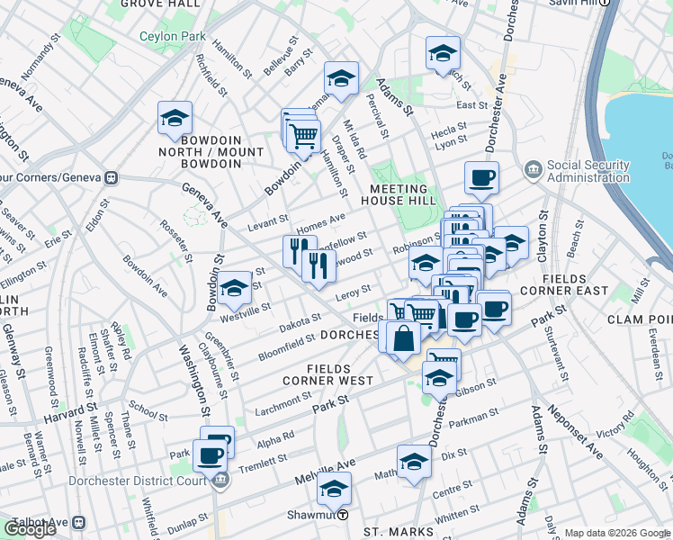 map of restaurants, bars, coffee shops, grocery stores, and more near 29 Ridgewood Street in Dorchester