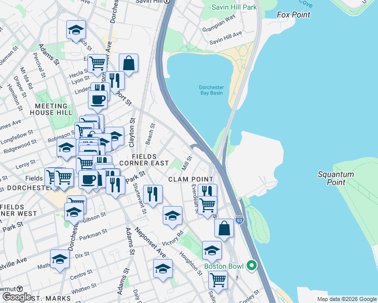 map of restaurants, bars, coffee shops, grocery stores, and more near 20 Everett Street in Boston