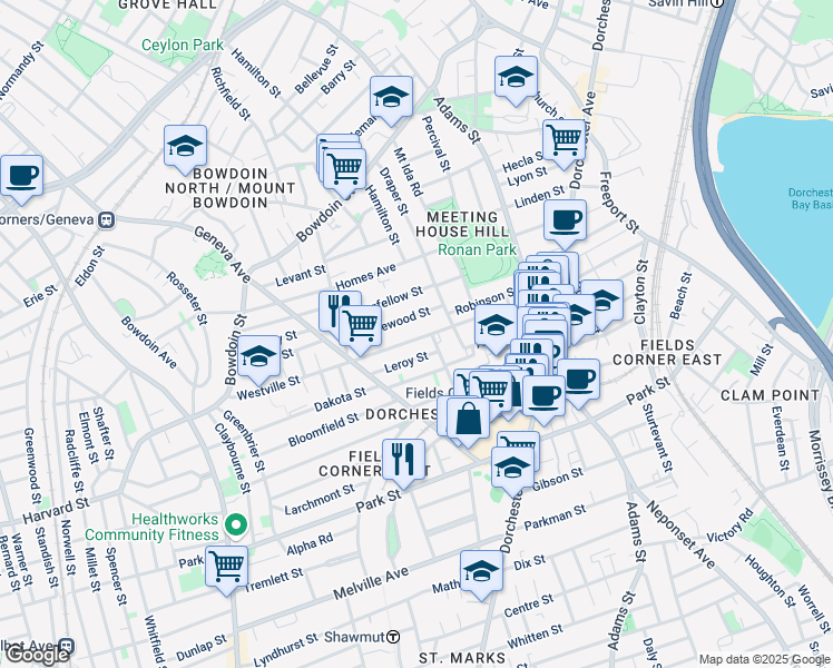 map of restaurants, bars, coffee shops, grocery stores, and more near 188 Westville Street in Boston