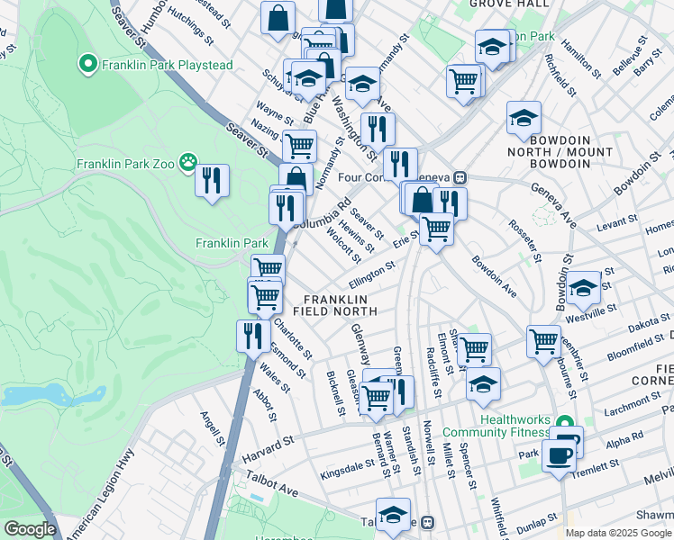map of restaurants, bars, coffee shops, grocery stores, and more near 90 Ellington Street in Boston