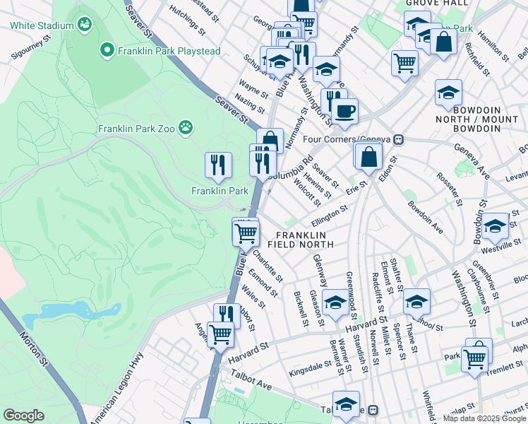 map of restaurants, bars, coffee shops, grocery stores, and more near 8 Glenway Street in Boston