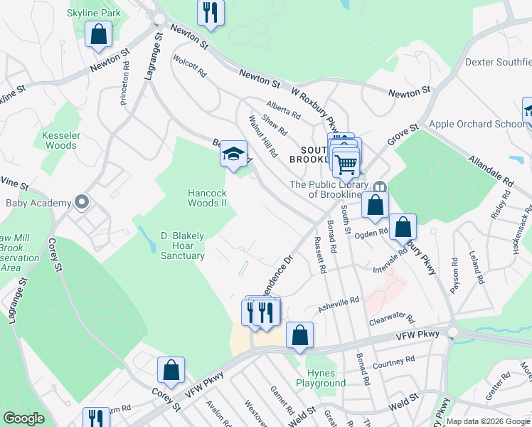 map of restaurants, bars, coffee shops, grocery stores, and more near 149 Gerry Road in Brookline