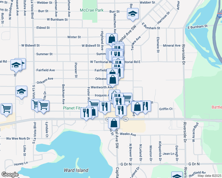 map of restaurants, bars, coffee shops, grocery stores, and more near 720 Capital Avenue Southwest in Battle Creek