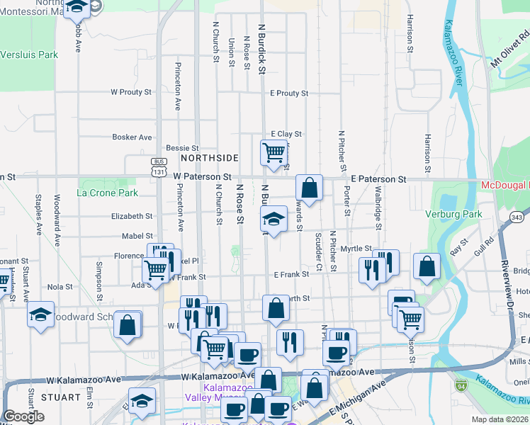map of restaurants, bars, coffee shops, grocery stores, and more near 1019 North Burdick Street in Kalamazoo
