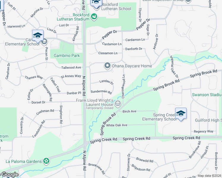 map of restaurants, bars, coffee shops, grocery stores, and more near 4753 Landau Place in Rockford
