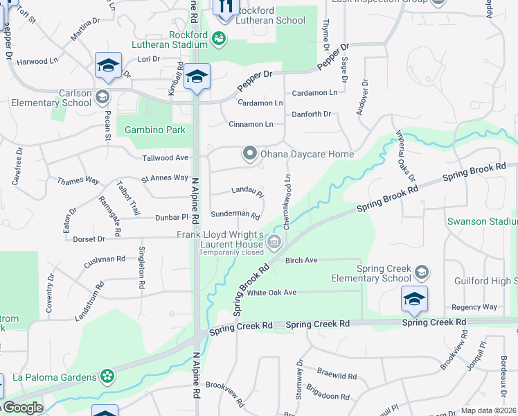 map of restaurants, bars, coffee shops, grocery stores, and more near 4753 Landau Place in Rockford