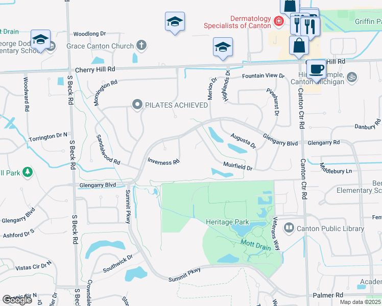 map of restaurants, bars, coffee shops, grocery stores, and more near 45551 Muirfield Court in Canton