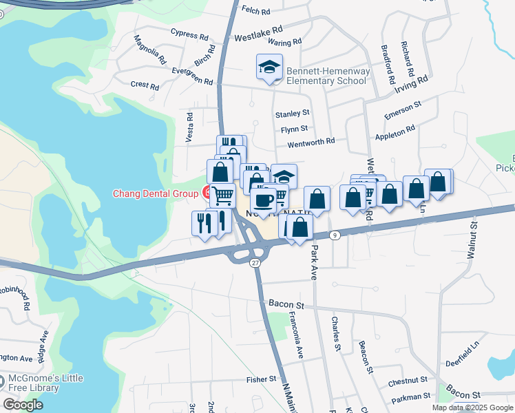 map of restaurants, bars, coffee shops, grocery stores, and more near 881 Worcester Street in Natick