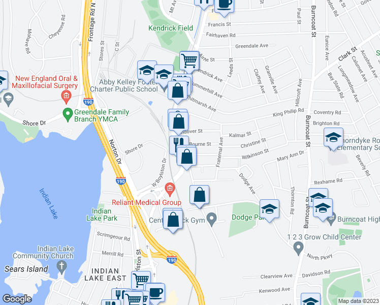 map of restaurants, bars, coffee shops, grocery stores, and more near 1 Watson Avenue in Worcester