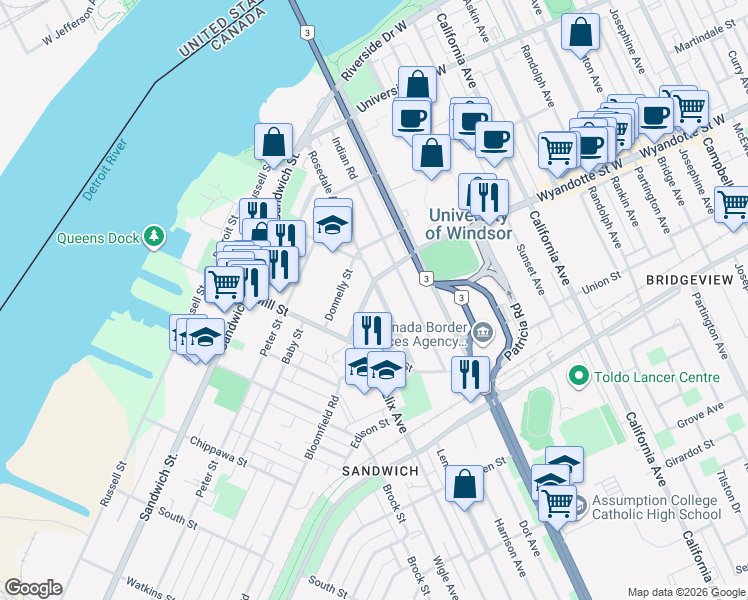 map of restaurants, bars, coffee shops, grocery stores, and more near 3127 Wyandotte Street West in Windsor