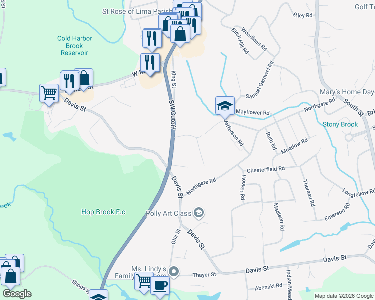 map of restaurants, bars, coffee shops, grocery stores, and more near 75 Southwest Cutoff in Northborough