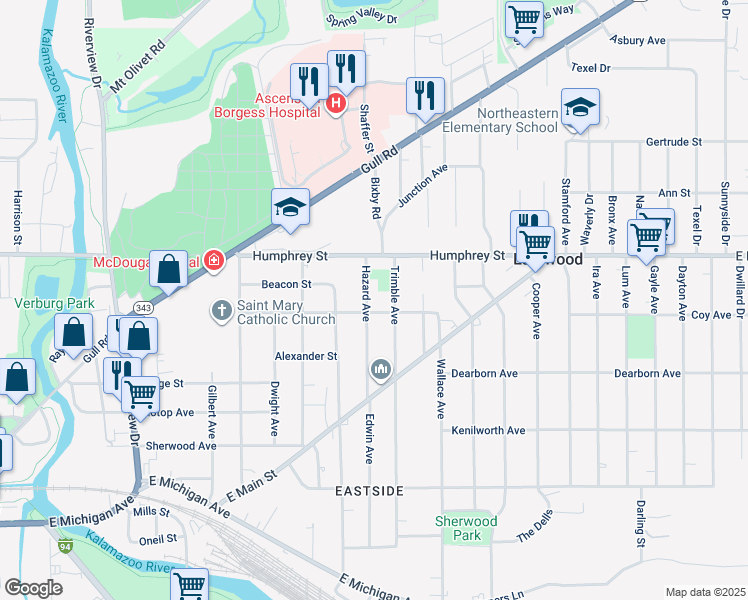 map of restaurants, bars, coffee shops, grocery stores, and more near 1004 Hazard Avenue in Kalamazoo