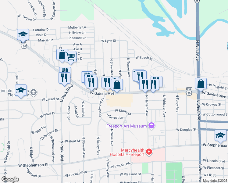 map of restaurants, bars, coffee shops, grocery stores, and more near 1264 West Galena Avenue in Freeport