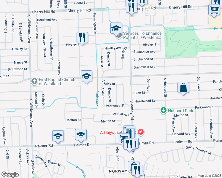 map of restaurants, bars, coffee shops, grocery stores, and more near 1171 Denice Street in Westland