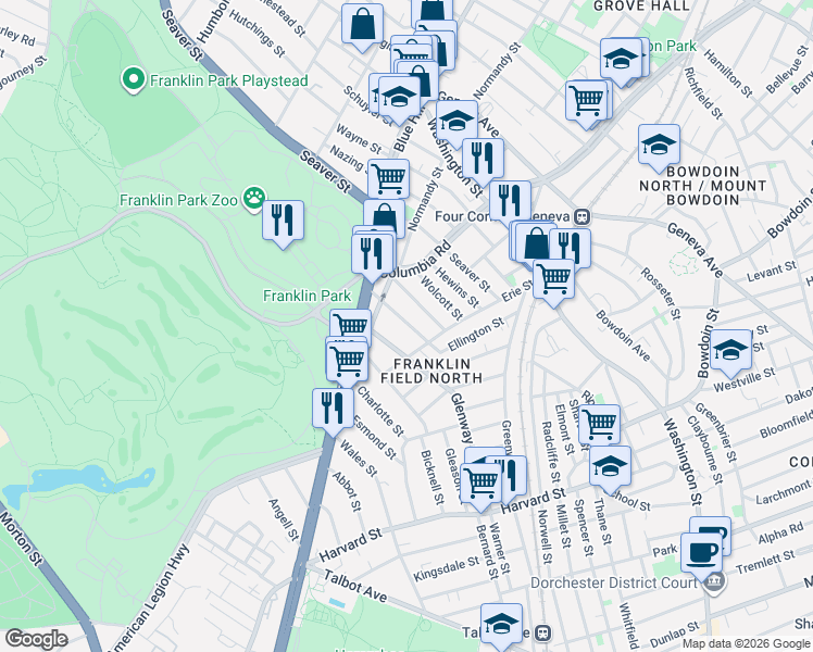 map of restaurants, bars, coffee shops, grocery stores, and more near 35 Ellington Street in Boston