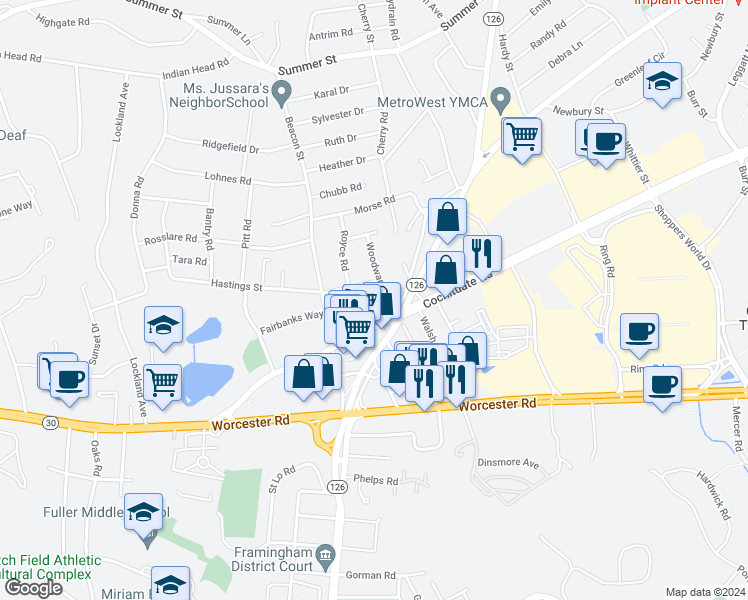 map of restaurants, bars, coffee shops, grocery stores, and more near 20 Old Connecticut Path in Framingham
