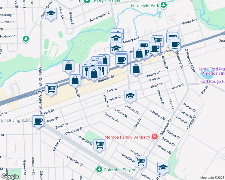 map of restaurants, bars, coffee shops, grocery stores, and more near 22631 Park Street in Dearborn