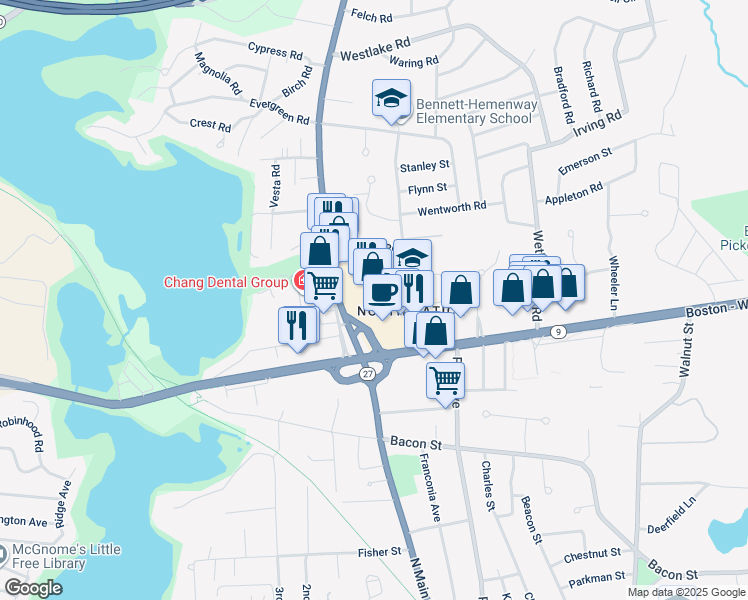 map of restaurants, bars, coffee shops, grocery stores, and more near 881 Worcester Street in Natick