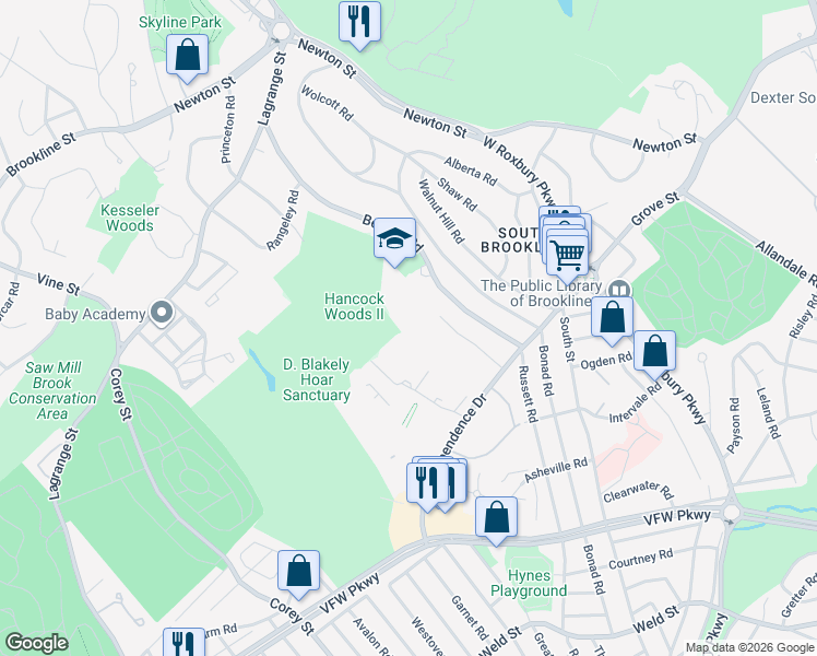 map of restaurants, bars, coffee shops, grocery stores, and more near 178 Gerry Road in Brookline