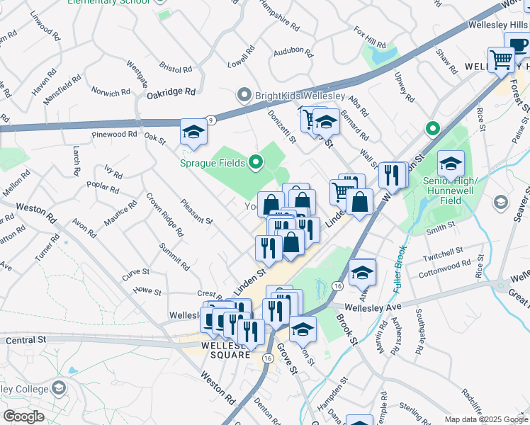 map of restaurants, bars, coffee shops, grocery stores, and more near 11 Oak Street in Wellesley