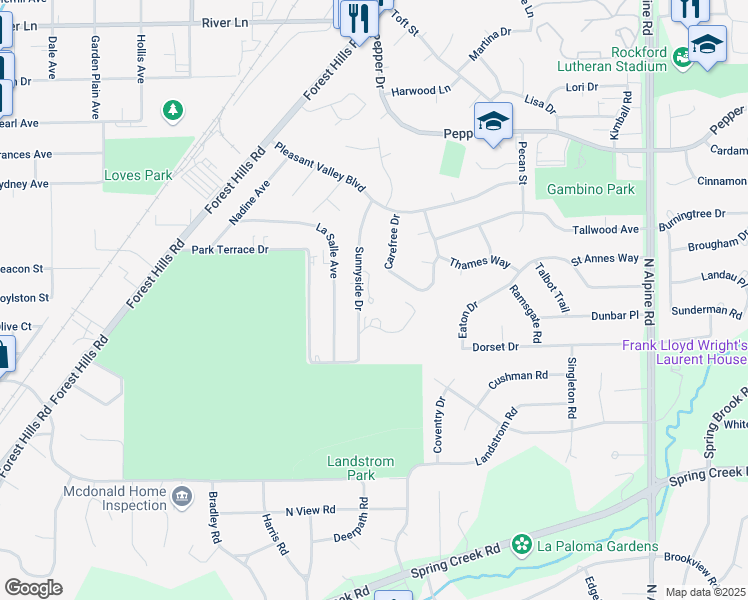 map of restaurants, bars, coffee shops, grocery stores, and more near 2932 Sunnyside Drive in Rockford