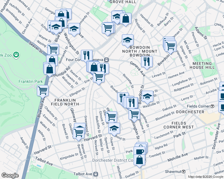 map of restaurants, bars, coffee shops, grocery stores, and more near 35 Bowdoin Avenue in Boston