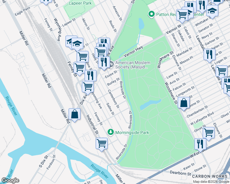 map of restaurants, bars, coffee shops, grocery stores, and more near 1820 Canterbury Street in Dearborn