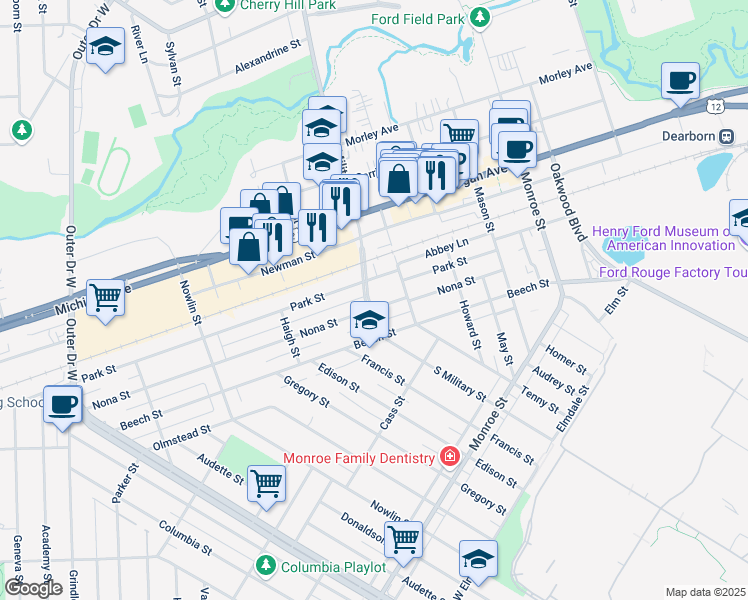 map of restaurants, bars, coffee shops, grocery stores, and more near 22463 Nona Street in Dearborn