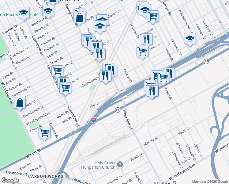 map of restaurants, bars, coffee shops, grocery stores, and more near 7936 Fisher Freeway in Detroit