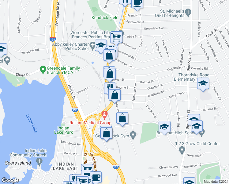 map of restaurants, bars, coffee shops, grocery stores, and more near 25 Barber Avenue in Worcester