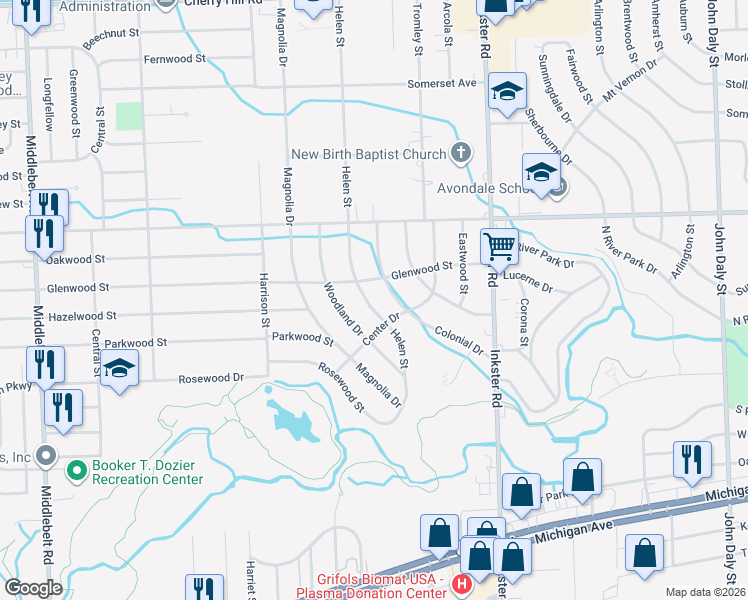 map of restaurants, bars, coffee shops, grocery stores, and more near 1292 Helen Street in Inkster