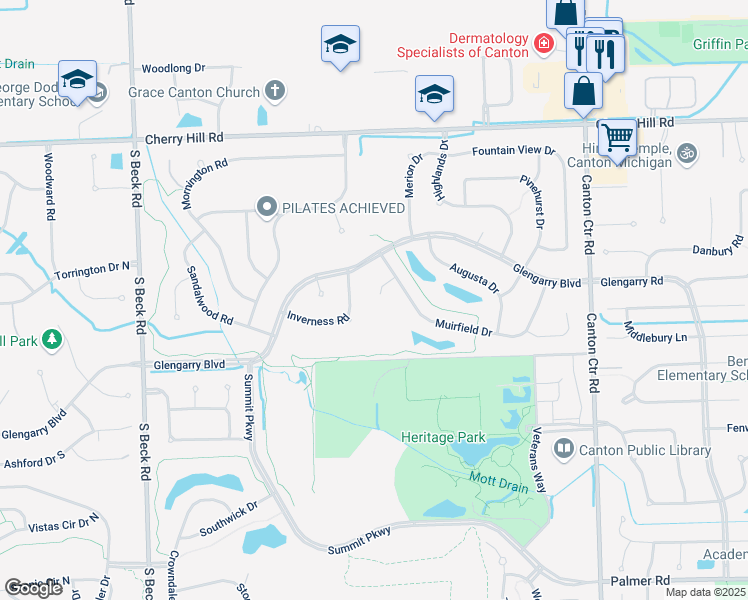 map of restaurants, bars, coffee shops, grocery stores, and more near 45551 Muirfield Court in Wayne County