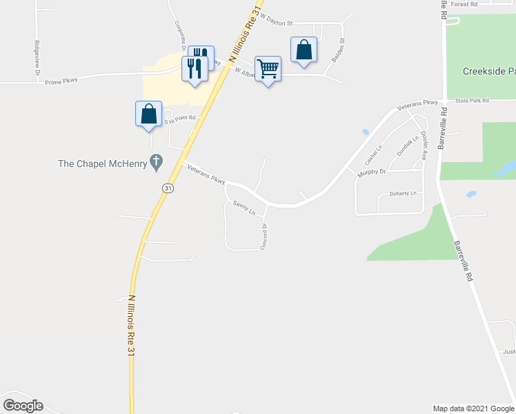 map of restaurants, bars, coffee shops, grocery stores, and more near 4224 Savoy Lane in McHenry