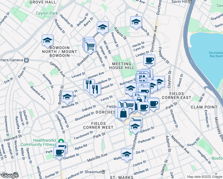 map of restaurants, bars, coffee shops, grocery stores, and more near 41 Ditson Street in Boston