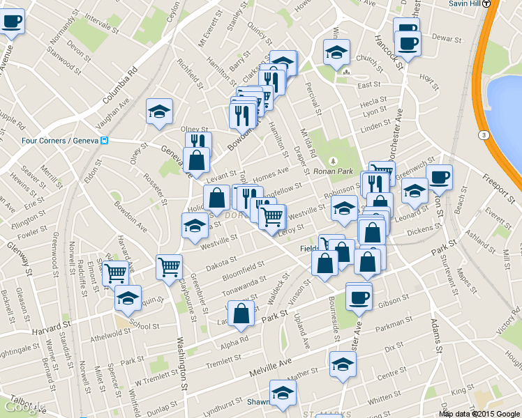 map of restaurants, bars, coffee shops, grocery stores, and more near 90 Topliff Street in Boston
