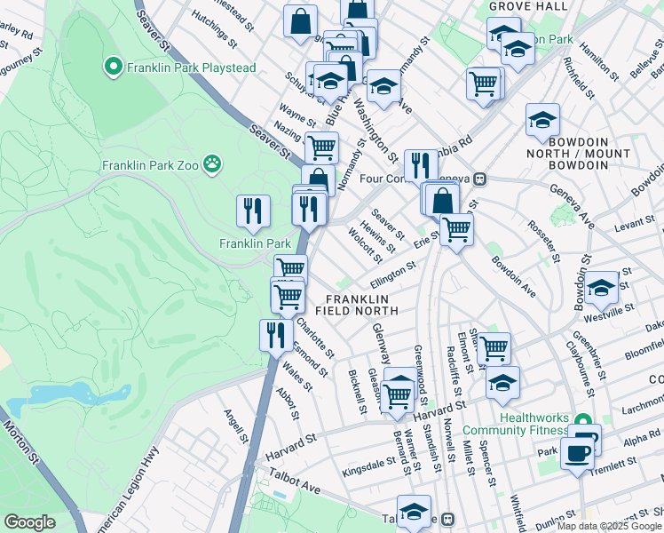 map of restaurants, bars, coffee shops, grocery stores, and more near 47 Ellington Street in Boston