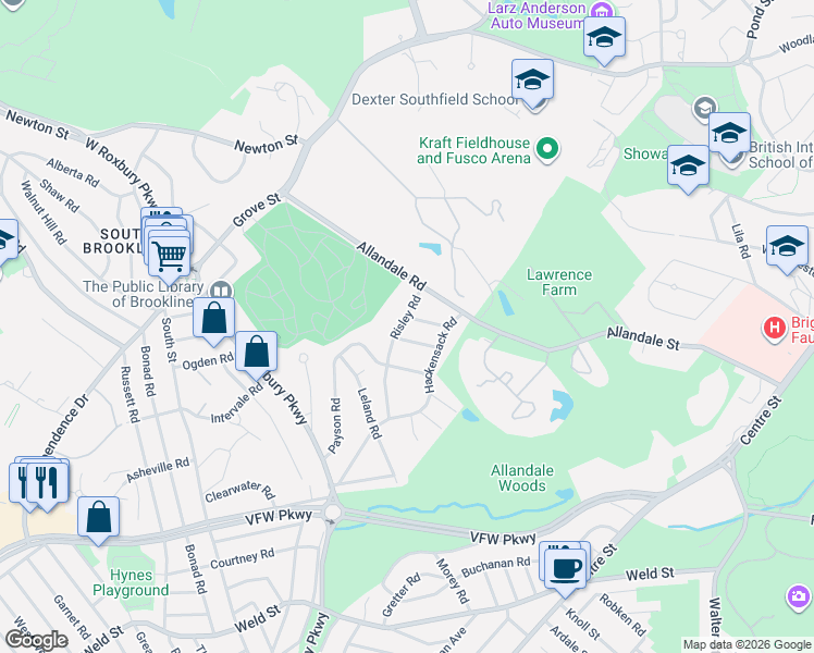 map of restaurants, bars, coffee shops, grocery stores, and more near 24 Sherrin Road in Brookline