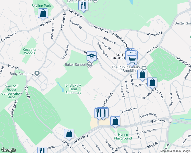 map of restaurants, bars, coffee shops, grocery stores, and more near 178 Gerry Road in Brookline